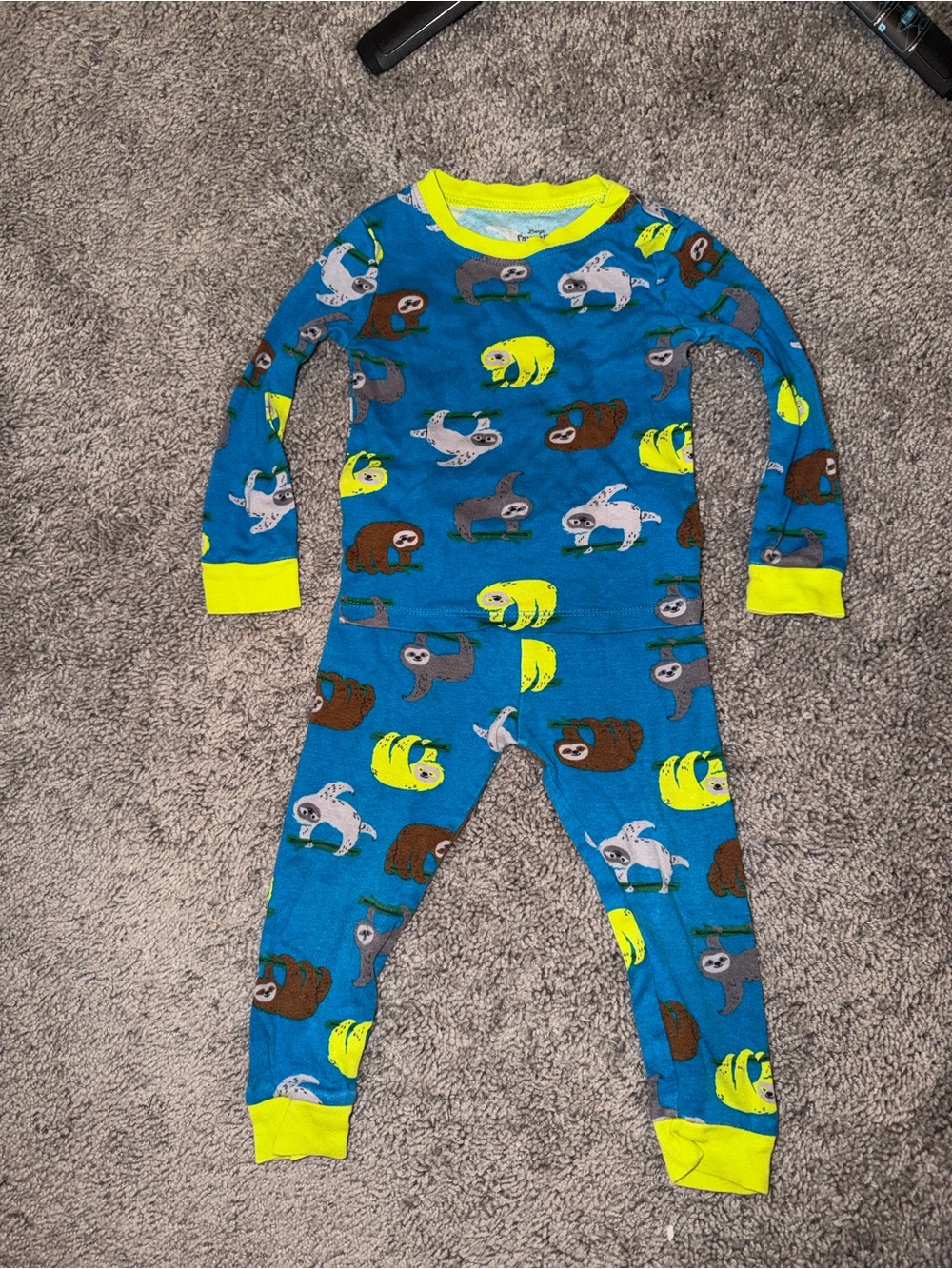 Children's Blue Sloth Print Pajama Set with Yellow Trim